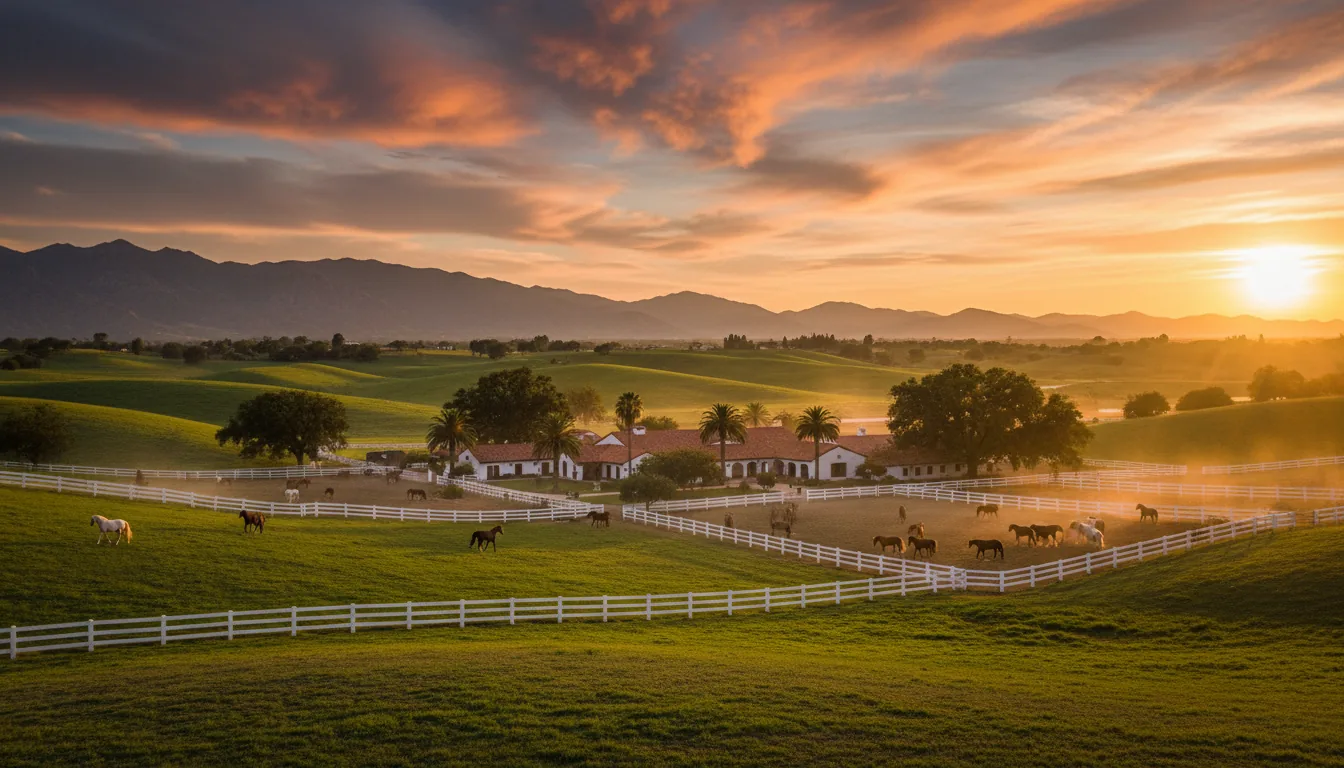 Finca andaluza con caballos PRE al atardecer